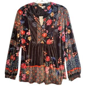 One World Floral Velour Top Womens Medium Black Red Whimsigoth *Missing Buttons